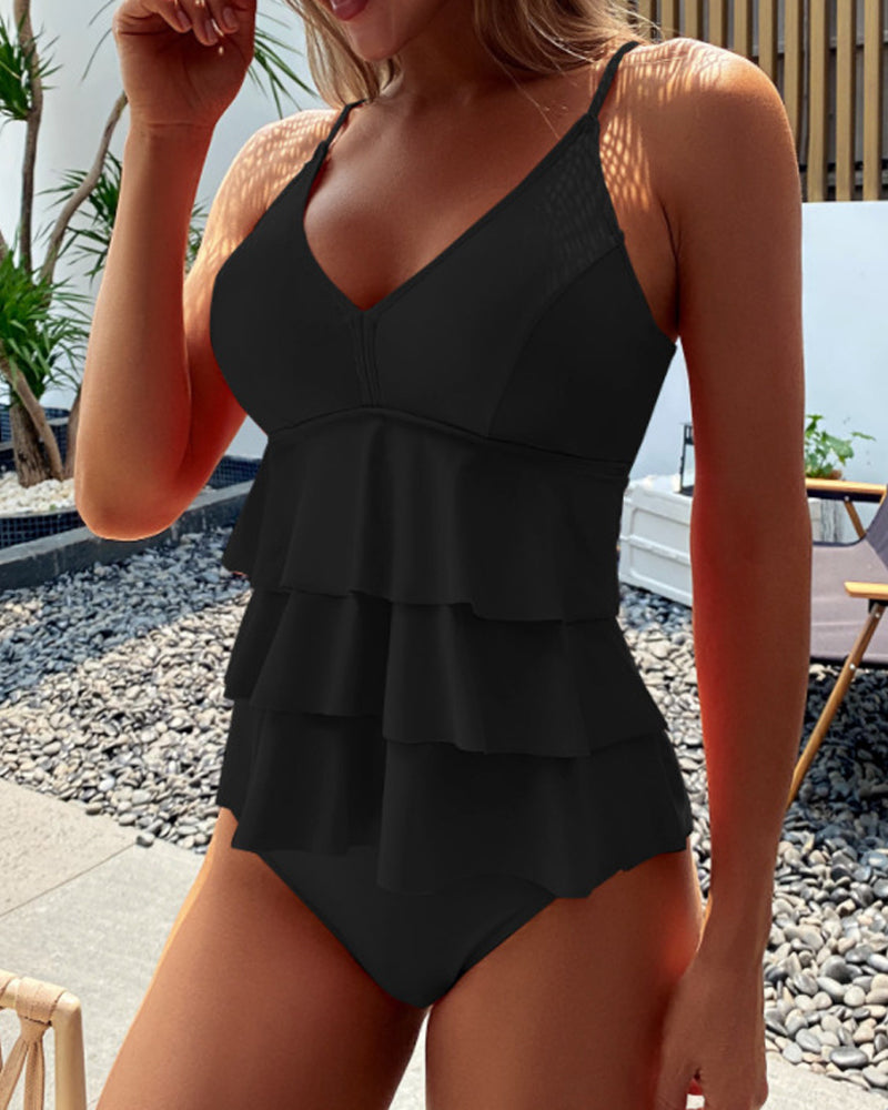 Tankini med ensfarget frilldesign